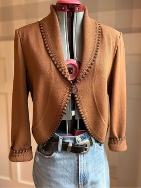 St. John Collection Rich Tan Cropped Knit Shawl-Collar Cardigan 8